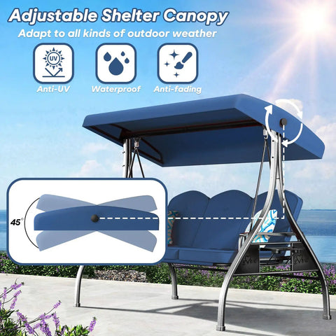 Three Seat Outdoor Porch Swing With Stand 800 Lb Capacity 2 In 1 Convertible Swing Bed With Adjustable Canopy, blue, outdoor view