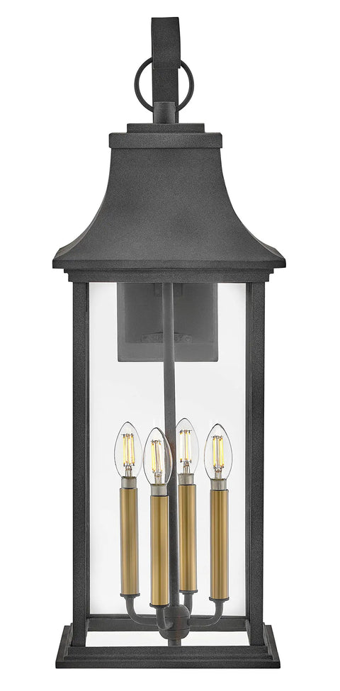 Extra Large Outdoor Wall Lantern Featuring Heritage Brass And Aged Zinc Finish Dang Tough Aluminum Build Clear Glass Panels in black.