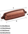 Hella Durable 6 Pack Vintage Drawer Pulls 3-3/4 Inch Cup Handle Antique Copper dimensions labeled with measurements