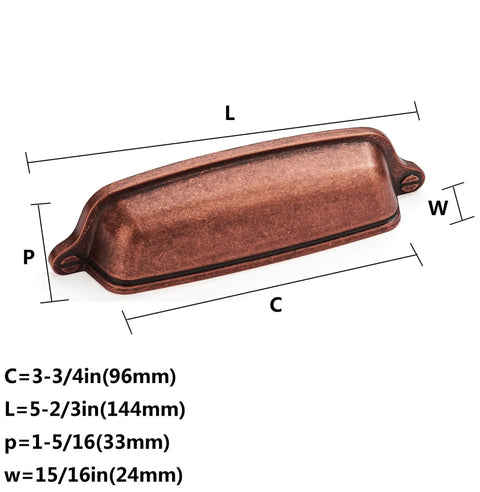 Hella Durable 6 Pack Vintage Drawer Pulls 3-3/4 Inch Cup Handle Antique Copper dimensions labeled with measurements