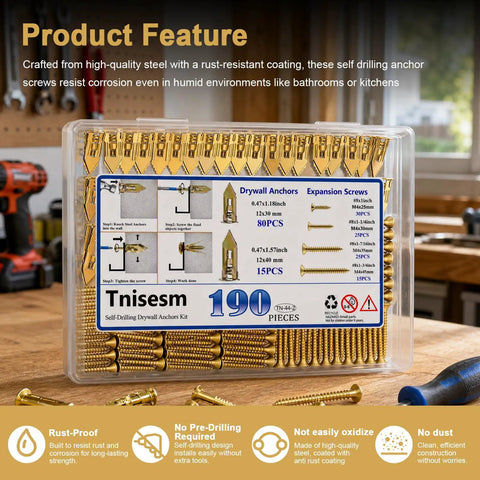 Heavy Hauling Self Drilling Drywall Anchors With Screws Kit For Wall Sheetrock Mounting Picture Frames Shelves And Home Decor Assorted Fixtures Built Tough No Sweat Setup - 190 piece kit showing anchor types and features.