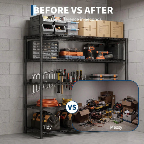 Before and after image of Tough As Nails Rock Solid Heavy Duty Metal Storage Rack Five Tier Wire Shelf With Rust Resistant Carbon Steel Construction For Garage And Warehouse Shelving Unit Holding Up To Three Thousand Two Hundred Pounds.