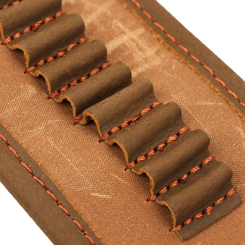 Close-up of shell slots on Canvas Leather Rifle Sling With 14 Shell Slots For 22 Caliber Ammunition Storage Heavy Duty Hunting Strap.
