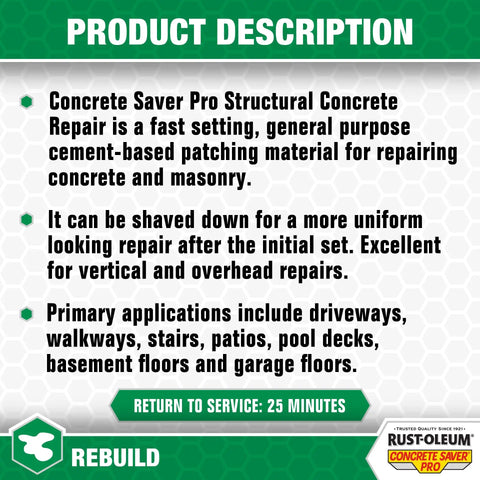 Product description for Pro Structural Concrete Repair Patch including features and applications for repairing concrete and masonry.
