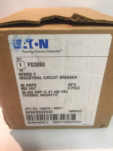 Pro Grade Heavy Duty Three Pole Panel Mount Type FD Molded Case Circuit Breaker box showing 60 Amp rating and specifications.