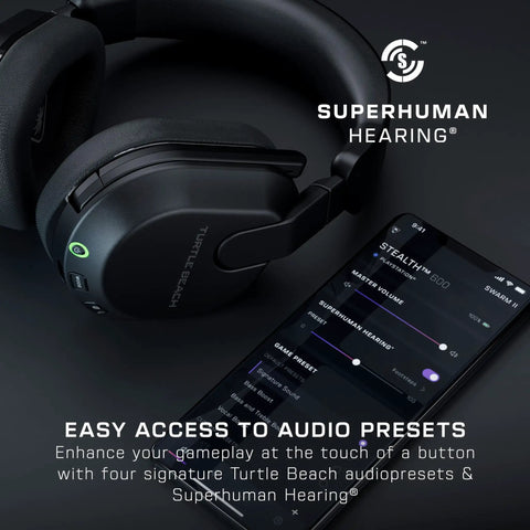 Stealth 600 Wireless Multiplatform Gaming Headset With Bluetooth, 80-Hour Battery next to smartphone app interface