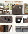 Sturdy Outdoor Storage Cabinet On Wheels With Solid Acacia Wood Frame And PE Rattan Finish, patio setting with close-up details.