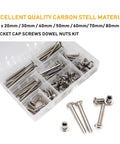 Real Deal M6 Socket Cap Bolts And Barrel Nuts Assortment Kit Nickel Plated Hex Button Head Screws For Furniture Assembly And Crib Repair 100 Piece M6X20 To M6X80MM Set in a clear storage box with various sizes.