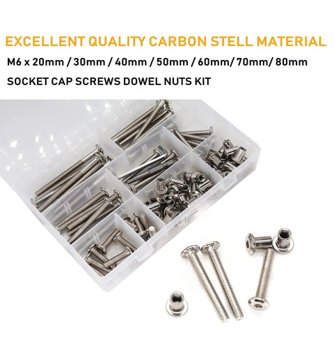 Real Deal M6 Socket Cap Bolts And Barrel Nuts Assortment Kit Nickel Plated Hex Button Head Screws For Furniture Assembly And Crib Repair 100 Piece M6X20 To M6X80MM Set in a clear storage box with various sizes.
