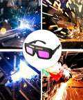 Rugged No Nonsense Laser Safety Glasses Equipped With Auto Darkening Lens Tech, showcased amidst welding sparks and bright lights.