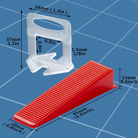 Pro Grade Tile Leveling System Kit With 1200 Clips And 400 Reusable Wedges, Includes Tile Plier, One Sixteenth Inch Gap Spacers, DIY Tile Kit for Ceramic Tile And Stone Installations showing clip and wedge sizes.