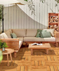 Solid Pine Wood Interlocking Deck Tiles 27 Pack Easy Snap Together 12 By 12 Inch Waterproof Outdoor Flooring on a patio