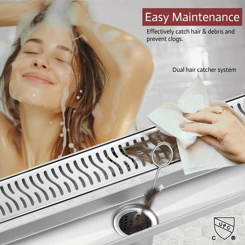 Transform Your Bathroom Game With This Rock Solid 24 Inch Linear Shower Drain Featuring A Brushed Nickel Finish And Serious Flow Capability For Quick Drain Action, showcasing easy maintenance and dual hair catcher.