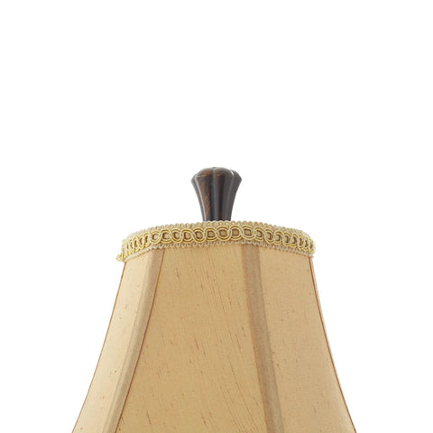 Close-up of beige silk bell shade with trim on an Antique Style Polystone Buffet Table Lamp With Tassel Pull Chain In Bronze Finish