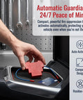 Hella Reliable Automatic Fire Extinguishing Device With Dual Nozzles For Electrical Panels And Control Cabinets Using Heat Triggered Thermal Release Suppression System Pack Of Two For Rock Solid Protection in a vehicle compartment, showing a hand placing the compact suppressor.