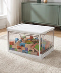 Clear Stackable Storage Bins With Transparent Slide Front Doors, plastic box with colorful blocks inside, perfect for organizing toys.