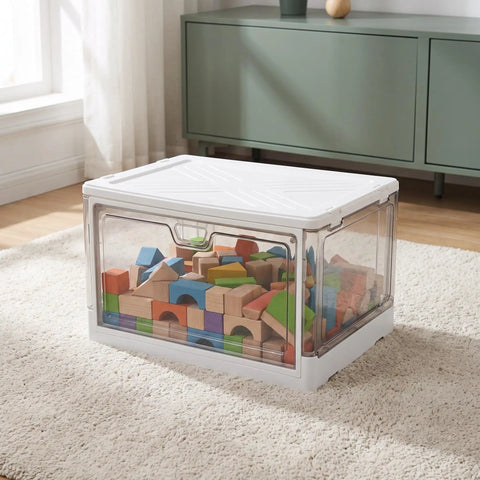 Clear Stackable Storage Bins With Transparent Slide Front Doors, plastic box with colorful blocks inside, perfect for organizing toys.