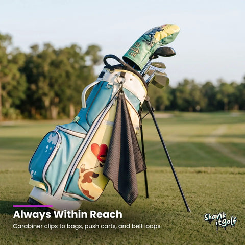 Golf bag with funny microfiber golf towel, carabiner clip attached, waffle-weave design for cleaning clubs, men and dad gift.