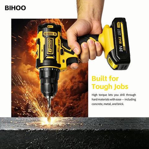 20 Volt Cordless Drill And Driver Combo Pack With Long Lasting Battery And Quick Charge Adapter Boasting Two Speed Modes Variable Trigger Lock And Twenty Five Plus One Precision Torque Adjustments Housed In Striking Yellow For Tough Jobsite Grinds And in action drilling through metal with sparks flying.