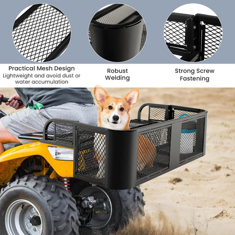 Heavy Duty Rear Cargo Basket For ATV And UTV Detachable Steel Mesh Drop Rack Black Powder Coated with a dog.
