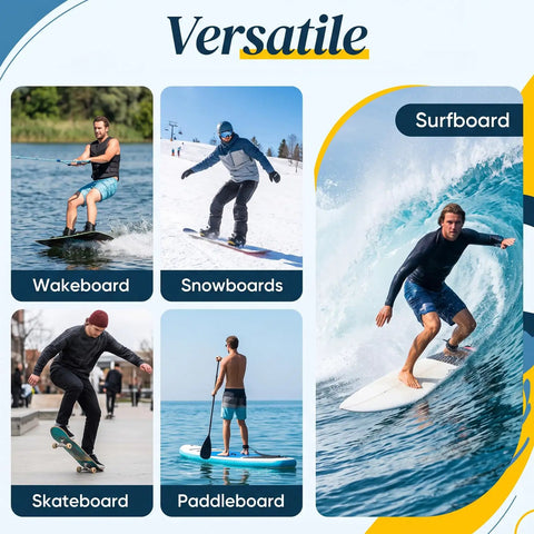 Premium Solid Pine Wood Wall Mount Surfboard Rack Hanging System For Indoors And Patios With A Gnarly Smooth V Shape Cradle And Legit Storage Setup For Longboards And Paddleboards featuring various board sports.