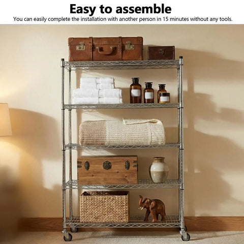 Rock Solid Heavy Duty Adjustable Five Tier Wire Shelving Rack With Smooth Rollin Casters And Hella Durable 331 Lb Weight Load Capacity For Garage Workspaces And Storage Areas filled with storage items like towels and boxes.