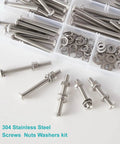 Heavy Duty 80 Piece M6 Button Head Socket Cap Screw Kit With 304 Stainless Steel Hex Nuts Lock Washers And Flat Washers Metric Allen Drive showing assorted screws and washers.