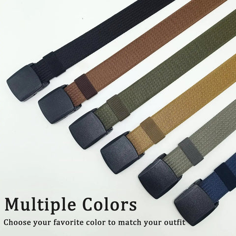Two Pack Nickel Free Nylon Web Belts With YKK Buckles Non Metal Military Tactical Hiking Belt For Travel And Everyday Use, Lightweight Passes Through Metal Detectors, Black And Coffee, Fits Waist Up To 42 Inches. Image shows five belts in various colors.