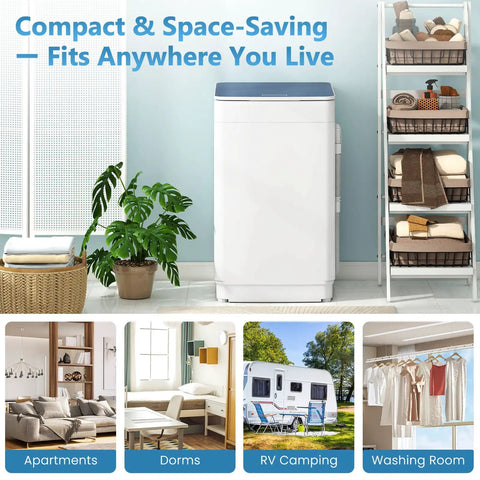 Compact Fully Automatic Washing Machine With Drain Pump 7 Wash Settings 4 Water Levels Portable Laundry Spin Doctor for apartments and dorms.