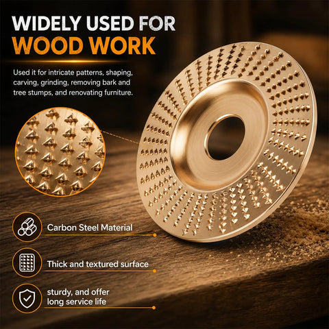 Badass Tungsten Carbide Angle Grinder Wood Carving And Sanding Disc Set Quick Slice Blade Kit for four inch carving disc with textured surface.