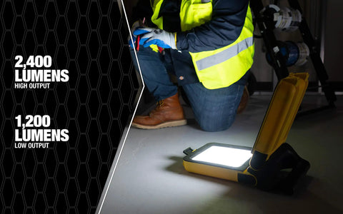 30W Rechargeable Folding Work Light Yellow Battery Powered LED With 180 Degree Fold IP65 Outdoor Rated Up To 8 Hours Run Time Three Modes