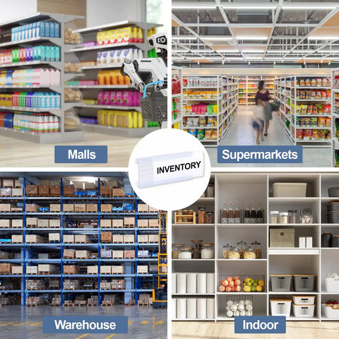 Clutch Wire Shelf Label Holders With Thirty Plastic Clip In Sleeves For Pain Free Pantry Organization And Zero Mess Retail Vibe Snaps Securely Onto One Point Two Five Inch Metal Racks displayed in various retail settings.