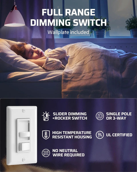 Two Pack Dimmer Light Switches Featuring Quiet Smooth Glide Slider And No Sweat Flicker Free Minimum Brightness Control With No Neutral Wire Required For Breezy Single Pole Or Three Way Install in a bedroom setting.