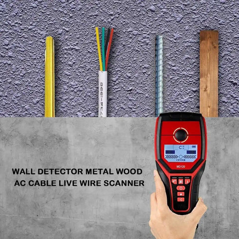Heavy Duty 4 In 1 Electronic Stud Finder And Wall Scanner with wires and wood in background for detecting hidden structures.