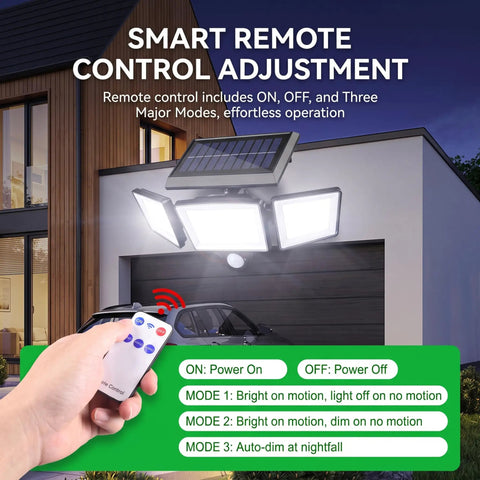 Hotainoys Solar Motion Sensor Outdoor Lights, 3-Head 208led with remote control adjustment for easy operation at night.