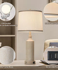 Three Way Dimmable Touch Table Lamp With USB A And C Ports, Vintage Washed White Resin Bedside Farmhouse Lamp with Linen Shade