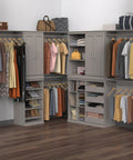 Super Slick Modular Closet Storage Organizer With Four Stackable Drawers In Taupe featuring organized clothing and accessories in a clean closet.