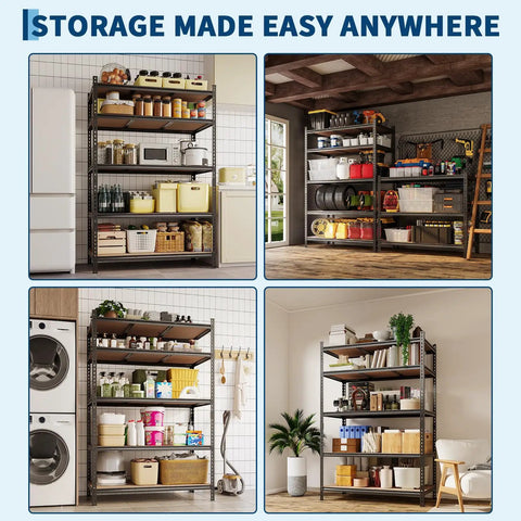 Heavy Duty Five Tier Metal Storage Rack With Adjustable Shelves For Garage Workshop Built Like A Tank Organization System Supporting Four Hundred Pounds Per Shelf Rust Proof Steel in different environments.