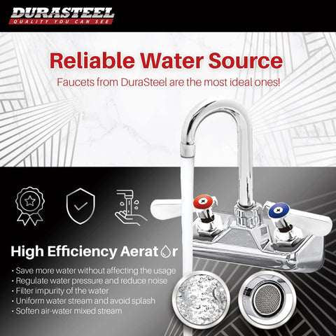 Wall Mount Commercial Hand Sink Faucet With 4 Inch Center, 3-1/2 Gooseneck Spout Rotates 360 Degrees, Dual Temperature Lever Handle