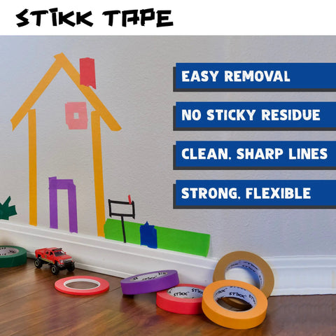 Blue Painters Tape 2 Inch Wide 60 Yards Per Roll 24 Roll Case Residue Free Easy Release Medium Tack For Sharp Clean Edges Trim Ceilings And DIY Painting Projects No Bleed with colorful tapes and toy car on hardwood floor