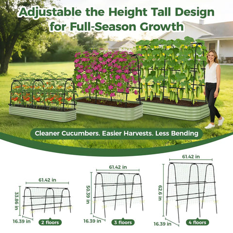Cucumber Trellis For Raised Beds, U Shape Garden Arch With Netting next to woman in garden showcasing height options.