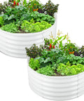 Two Pack Round Galvanized Raised Garden Bed Kit 3 By 3 By 1.5 Feet Open Bottom Outdoor Planter For Vegetables Herbs And Fruits Cream White Metal Raised Box with plants.