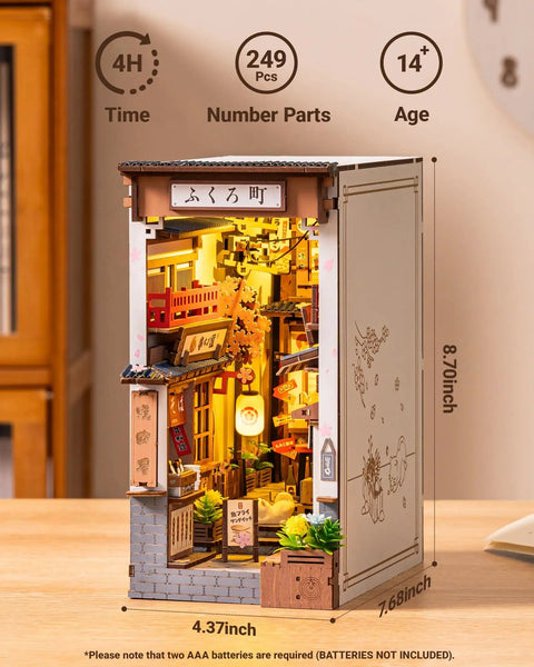 Sakura Wine Alley Japanese Book Nook Kit for Adults and Teens, DIY 3D Wooden Miniature House Puzzle, warm lit display on desk