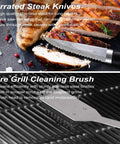 Close-up of serrated steak knife slicing meat, wire grill cleaning brush on grill. Ultimate 26 Piece Stainless Steel BBQ Grill Tools Set.