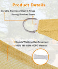 Close-up of Sand Triangle Sun Shade Sail 10x13x16.4 Feet With Curved Edges, showing stainless steel D-rings and 185 GSM HDPE fabric.