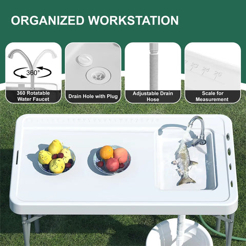 Organized workstation of 42.5 Inch Folding Fish Cleaning Table With Sink And Hose Hookup Portable Outdoor Fishing Station.