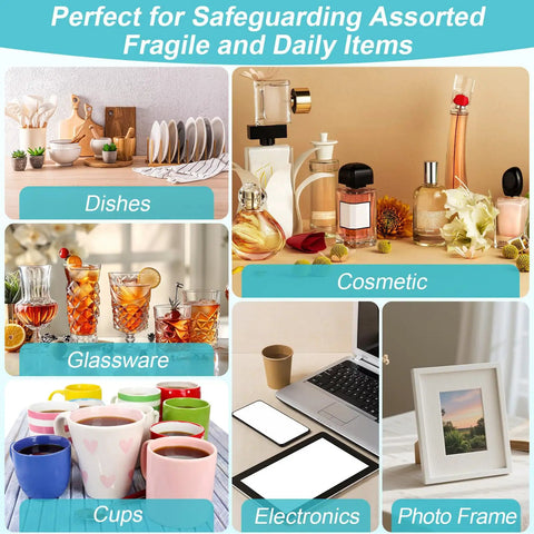 Heavy Duty Dish Packing Kit For Moving With Thick Foam Pouches And Cushion Sheets Paired With Fragile Stickers And Clear Tape for dishes, cups, cosmetics and electronics.