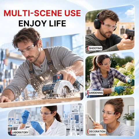 Multi-scene use of Thirty Pack Clear Safety Glasses For Men Bulk Hustle Ready Wrap Around Fit in woodworking, gardening, and lab work.