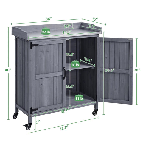 Mobile Outdoor Potting Bench Table with Castors on Wheels, solid wood, large storage cabinet, metal top, gray shown with measurements