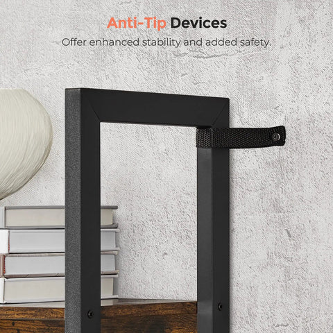 Anti-Tip device on Five Tier Free Standing Bookshelf Built Tough With A Heavy Duty Steel Frame And Wide Wooden Shelves for safety.